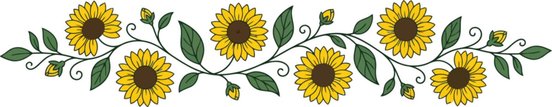 Decorative Sunflower Floral Border with Yellow Blossoms and Green Leaves Vector for Wedding Invitations, Summer Greeting Cards & Seasonal Stationery (EPS)