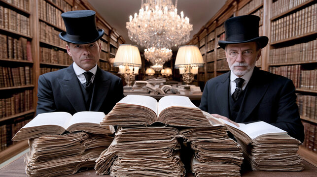 Dos investigadores con sombreros de copa consultando antiguos manuscritos en una biblioteca hist&oacute;rica repleta de libros
