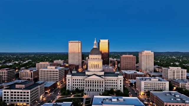 Golden sunrise illuminates the majestic dome of a government building.