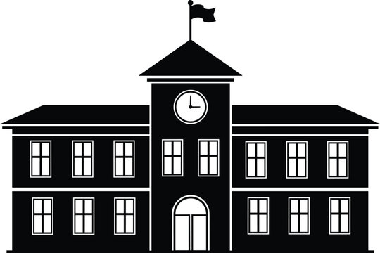School building silhouette with clock tower and flag, black and white vector illustration for artwork, design, education themes