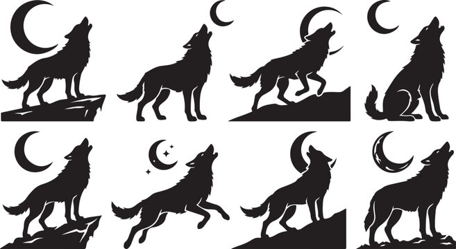 Black silhouette set of wolves howling at the crescent moon on rocks