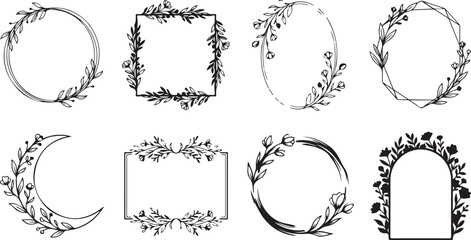 Set of hand drawn floral frames and botanical borders for wedding invitations and greeting cards © OMESA