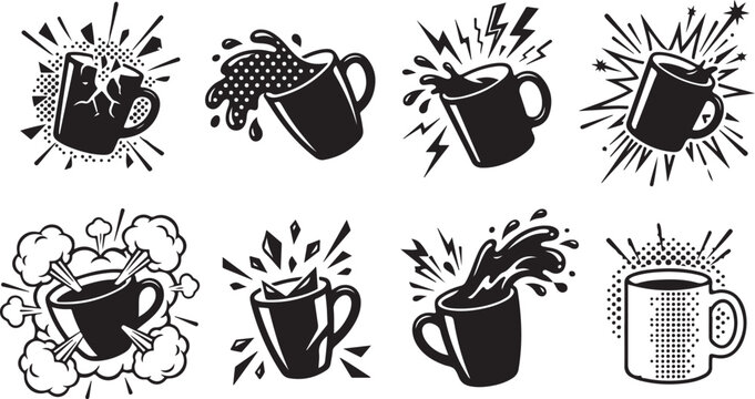 Set of coffee mugs with splashing liquid and explosion effects in a comic book style illustration