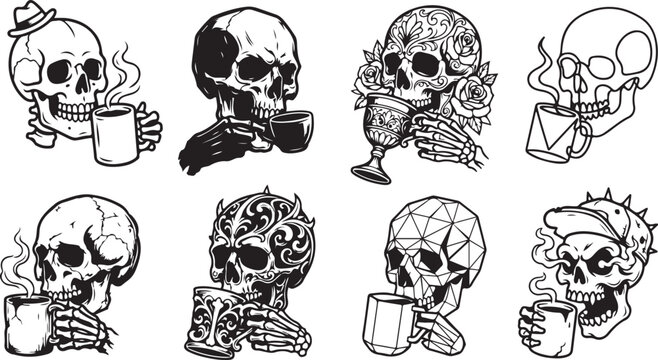 Set of human skulls drinking coffee from mugs and cups in various artistic black and white styles