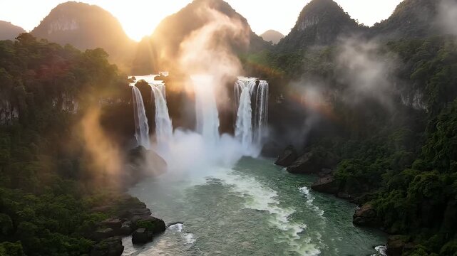  Majestic cascading waterfalls pour into a lush green river, bathed in the golden light of sunset.