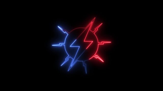 Neonlit red and blue lightning bolts on dark background with electricity symbol