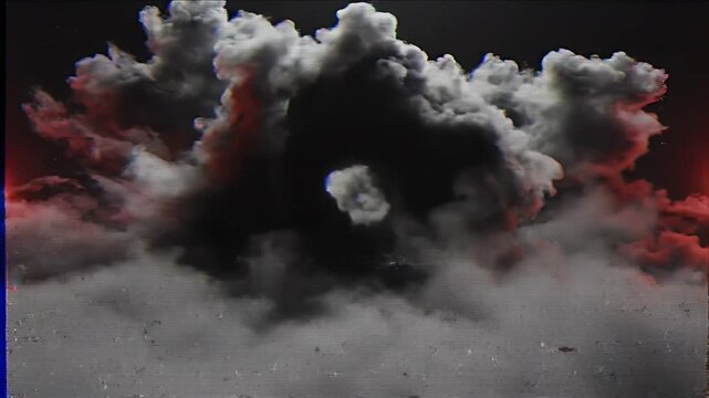 Dramatic dark smoke billows with hints of red and blue against a dark background.