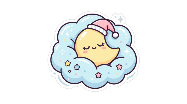 Cute sleeping moon in cloud, kawaii cartoon style