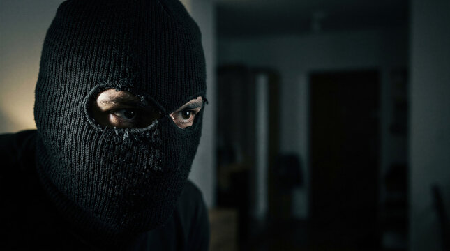 Man wearing black balaclava mask covering face. Criminal burglar hiding identity while committing robbery. Suspicious intruder observing in dark room. Mystery and danger concept.
