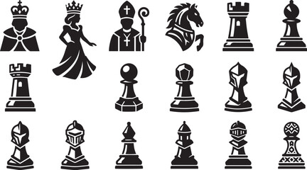 Chess Pieces Silhouette Vector Icon Collection Set © Juhi