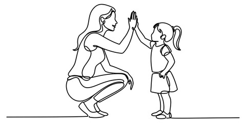 Obraz premium Mother and daughter giving each other a high five in a simple continuous line drawing style representing love and connection between parent and child