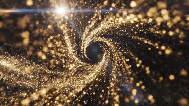 A celestial stream of golden particles illuminates the starry expanse.