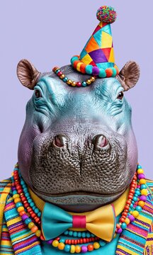 Cheerful hippo celebrates with vibrant festive attire