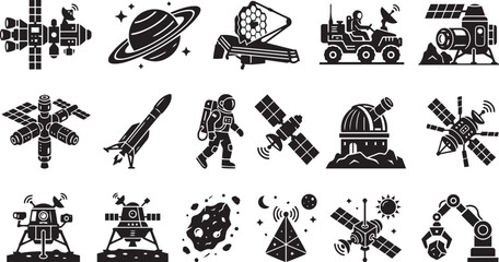 Space Exploration Silhouette Vector Icon Collection Set © Juhi