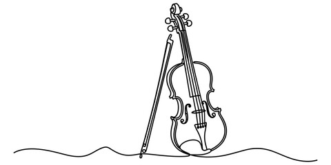 Continuous single line drawing of a violin with a bow standing upright as a minimalist artistic sketch for music lovers and classical orchestra design © Vector Art Gallery 