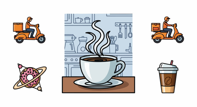 Steaming hot coffee cup on table.