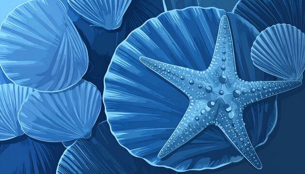 A serene underwater scene featuring a starfish surrounded by scallop shells in various shades of blue