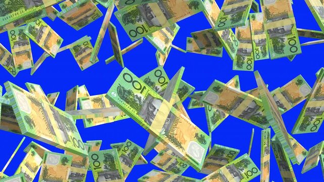 Australian 1000 AUD banknote packs falling loop. Australian money note fall. 3D seamless looped isolated abstract concept of economy, finance, crisis, success and banking. Blue screen 