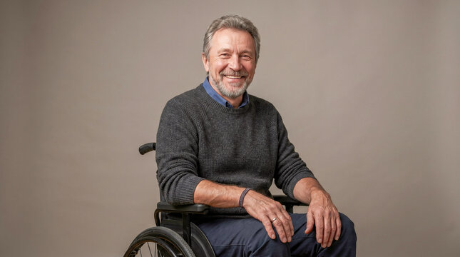 Middle-aged man with gray hair and a warm smile. Wearing a dark patterned sweater over a blue collared shirt. Sitting in a standard wheelchair, hands resting on armrests