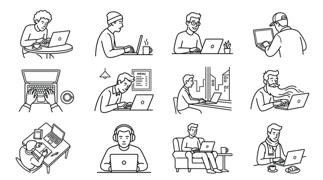 A collection of hand drawn illustrations featuring various people working on laptops in different settings.