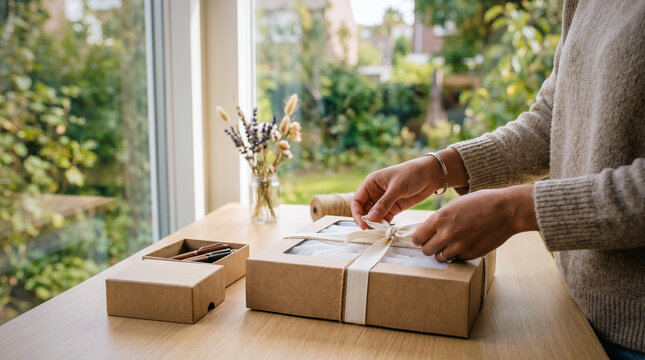 Person ties twine around a cardboard gift box. Another open box holds small items on a table. Dried flowers in a glass vase sit near the window. Green garden scenery is visible outside