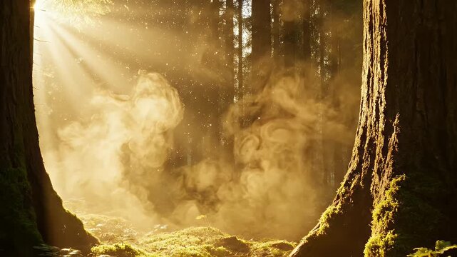 Sunbeams pierce through a misty forest, illuminating dust motes and moss-covered trees.