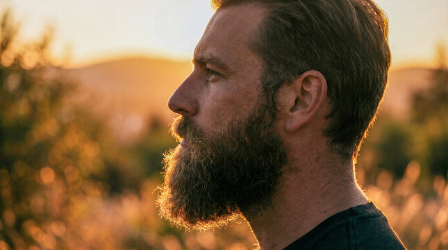 Man in profile, facing right, with a full beard. He wears a dark shirt. Sunset light glows on his face and hair. Blurred hills and greenery form the background