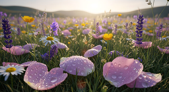 Vibrant flowers bloom in a serene field at sunrise with purple mushrooms