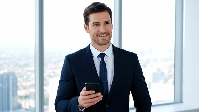 Business men use mobile phones in the office, business men look at mobile phones