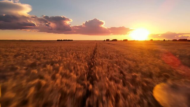 Golden wheat field at sunset with dramatic clouds.