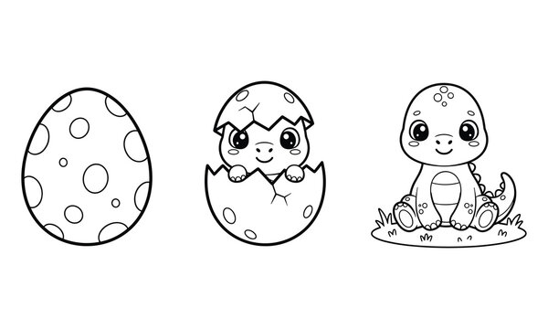 Cute baby dinosaur hatching from egg coloring page for kids educational school activity worksheet