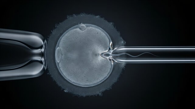 Scientific visualization of an icsi medical procedure with a sperm cell penetrating an ovum, professional fertility clinic photography for reproductive medicine and embryology research topics