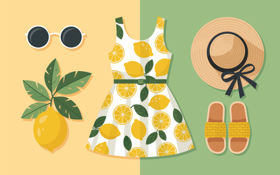 Summer fashion essentials set with lemon print dress straw hat sunglasses fresh lemon sandals on split pastel background accessories sunglasses clothing vacation tropical beachwear womenswear