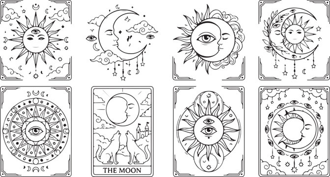 Set of mystic tarot cards with sun moon and zodiac symbols in vintage black and white line art style