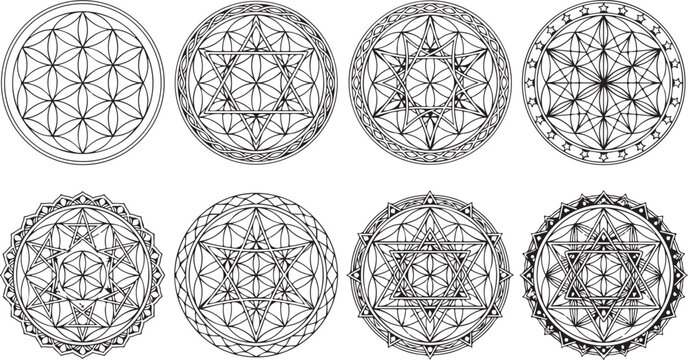 Set of eight sacred geometry symbols and intricate mandala patterns in black and white
