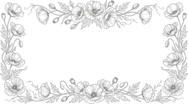 Elegant Poppy Flower Border Hand Drawn Sketch Vector for Wedding Invitations, Greeting Cards & Floral Stationery Design (EPS)