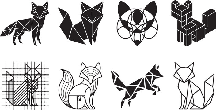 Set of abstract fox icons in geometric style and line art design