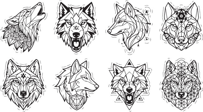 Set of geometric wolf head illustrations in black and white line art style