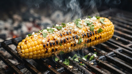 Fototapeta premium Grilled Sweet Corn with Seasoning on Charcoal Barbecue Close Up