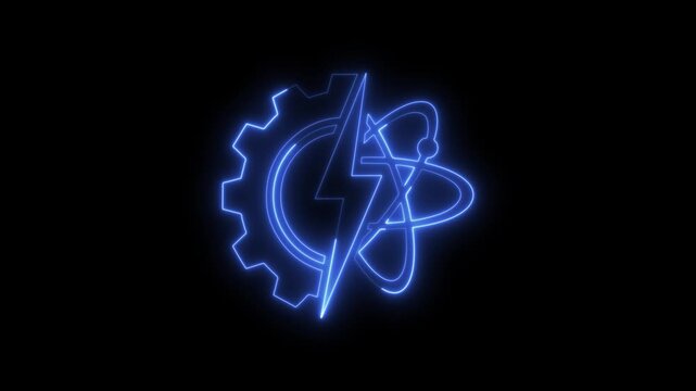 Blue neon light technology symbol with gear and lightning bolt and atom  modern innovation concept