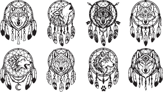 Set of decorative wolf head dream catcher illustrations with tribal feathers in black and white style