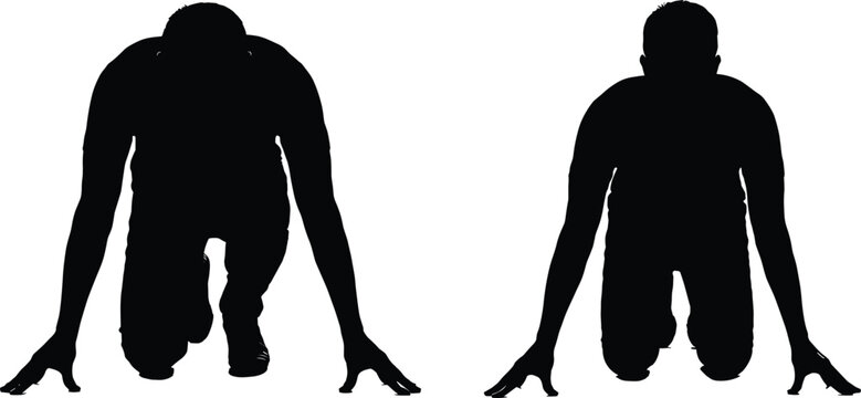 Black silhouettes of athlete in starting blocks position isolated on white background, sprinter ready to run, competition icons