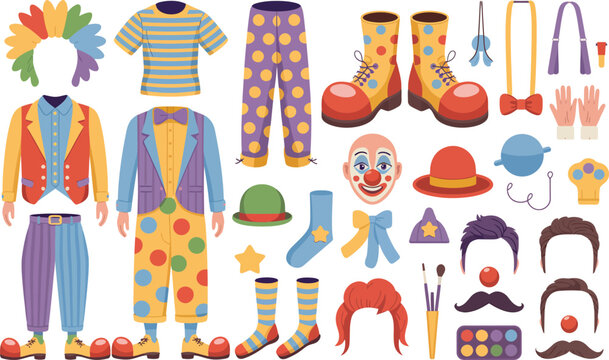 Clown costume and accessories flat icon set for circus performance with performance entertainer mustache collection elements clothing accessories character carnival festival colorful