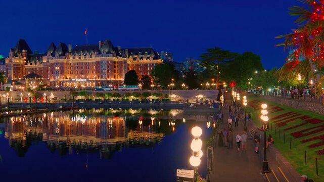 Victoria, BC, Canada &ndash; July 2, 2026: Fairmont The Empress hotel illuminated at night over harbor