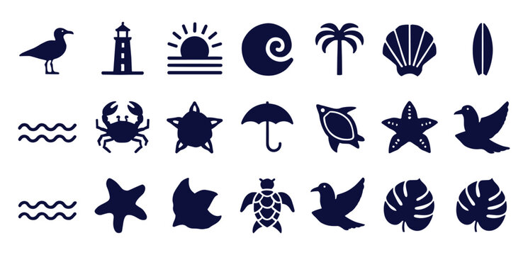 Summer and beach theme flat icon set with marine life tropical flora coastal landscape elements tropical vacation seashell starfish