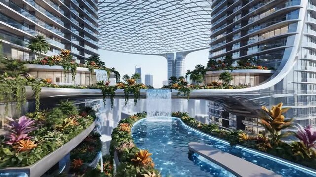 Futuristic skyscrapers with vertical gardens, waterfalls, and eco-architecture