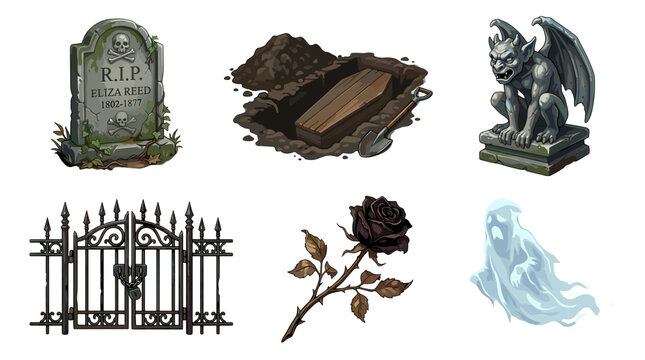 Collection of spooky halloween themed objects including tombstone wood fence rose and ghost