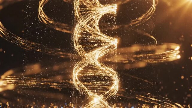 Glowing DNA helix with binary code on dark digital background