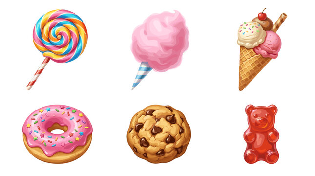 Collection of colorful sweet treats including lollipop cotton candy ice cream cookie and gummy bear