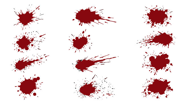 Collection of realistic red blood splatters and drops on for medical or forensic use